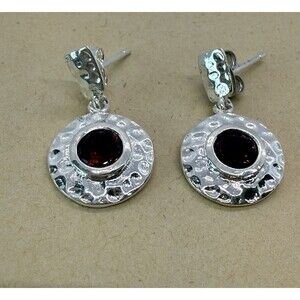 Sterling Silver Garnet Earrings Hammered Textured Disc January Birthstone Rare